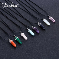 Vienkim Hot Hexagonal Column Necklaces Natural Crystal Pendants Stone Pendant Leather Chains Necklace For Women Fashion Jewelry